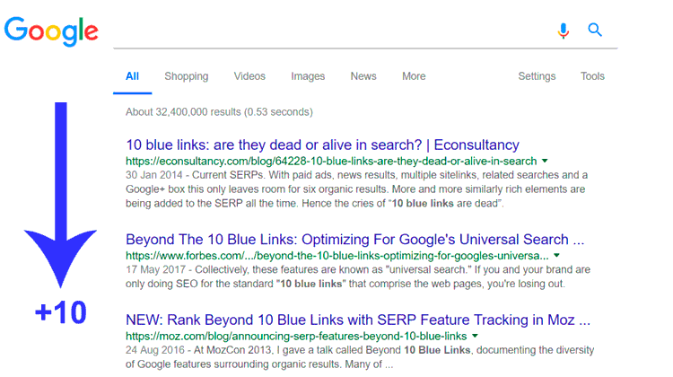 diez enlaces azules de google