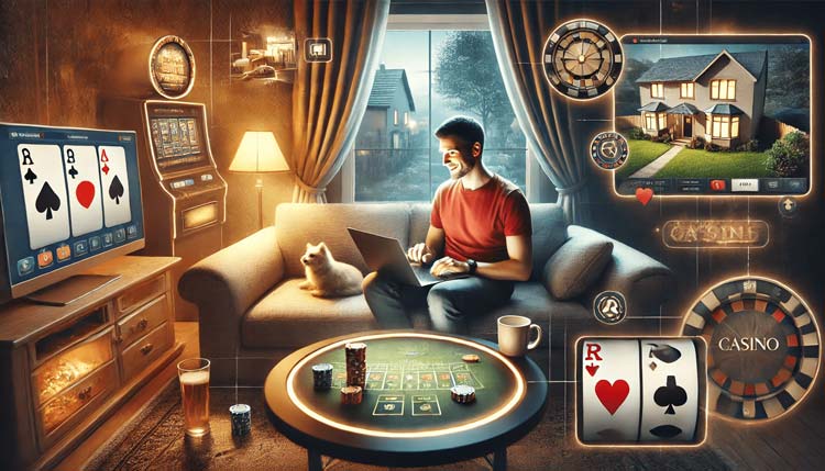 Persona disfrutando de juegos de casino online en casa destacando la comodidad y conveniencia de jugar en un entorno seguro