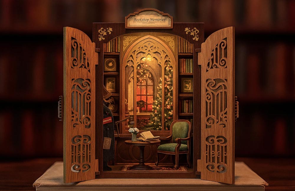 Book nook en forma de pequeña librería iluminada colocado entre libros en una estantería, mostrando una escena en miniatura detallada con muebles, estantes y ambiente cálido que recrea un rincón de lectura mágico